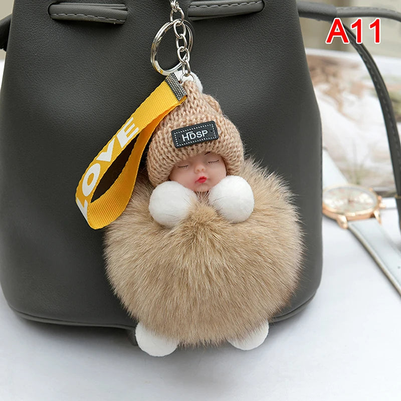 Pompom Sleeping Baby Keychain Cute Fluffy Plush Doll Keyholder Women Girl Bags Keyrings Cars Key Ring Gift Charming Decoration Quick Pick Grocers