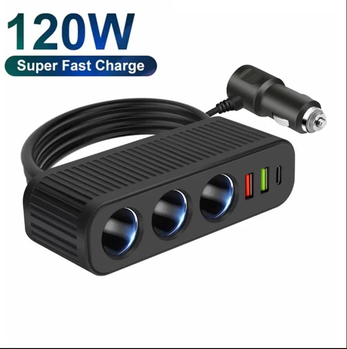 3 in 1 USB Type C Socket 120W Car Cigarette Lighter Splitter 12V 24V Fast Charger Phone Power Adapter for Car DVR GPS Dashcam