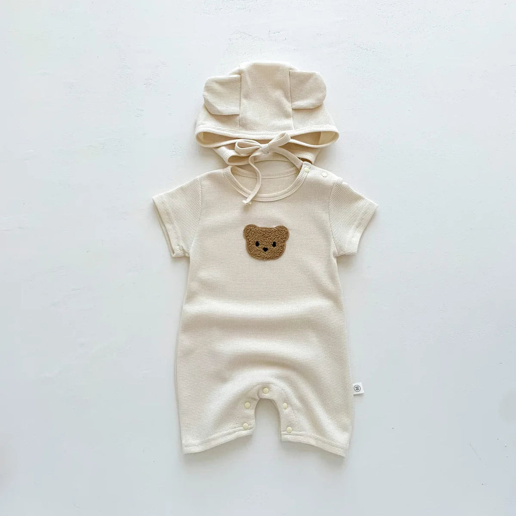 New In Summer Kids Baby Girls Boys Short Sleeve Waffle Patch Bear Infant Newborn Jumpsuits Cotton Romper Gift Hat with Ear Econic Blanks