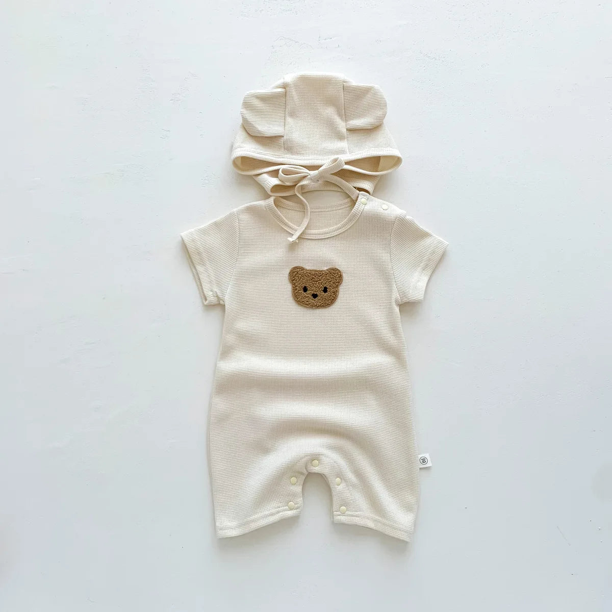 New In Summer Kids Baby Girls Boys Short Sleeve Waffle Patch Bear Infant Newborn Jumpsuits Cotton Romper Gift Hat with Ear Econic Blanks