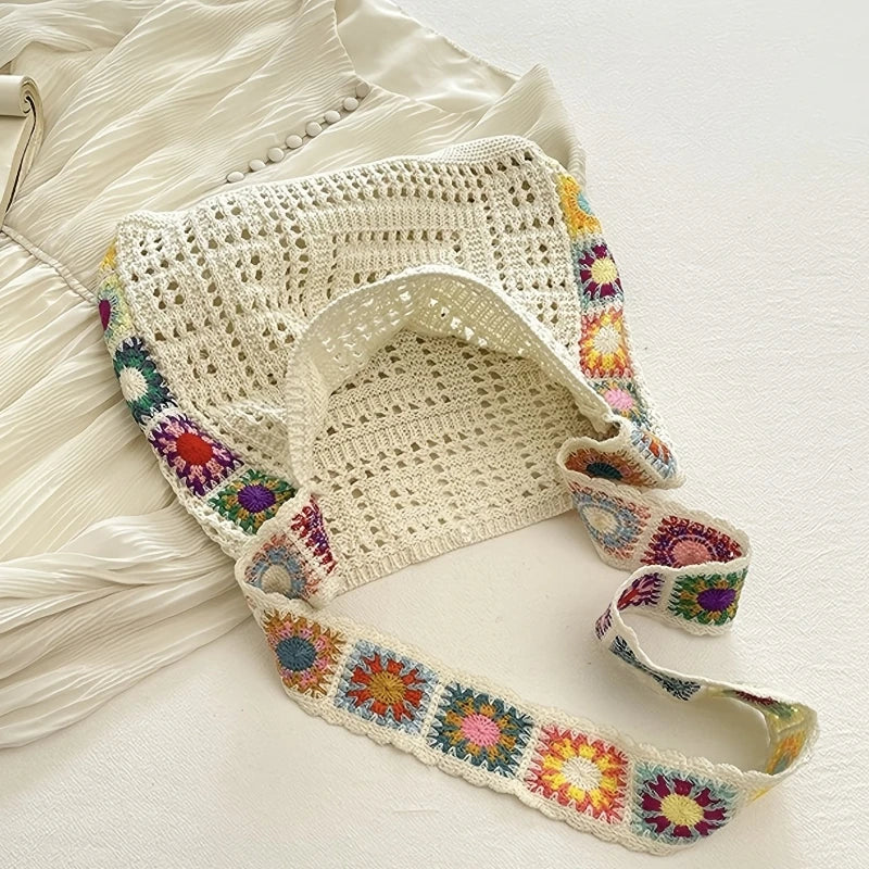 Women's Boho Crochet Bag Designer Flowers Knitted Handbags Large Capacity Summer Beach Woven Shoulder Bag Girls Tote Shopper Bag Quick Pick Grocers