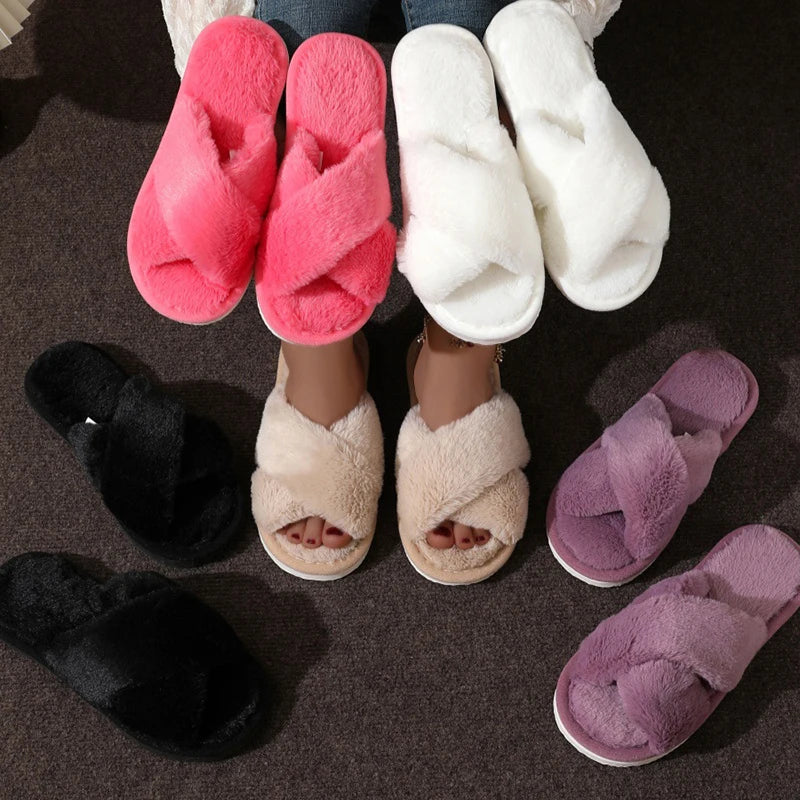 Cross Warm Fluffy Furry Slippers Women Lightweight Flat Heels Fur Slides Woman Autumn Winter Open Toe Non Slip Home Floor Shoes Purest Peak