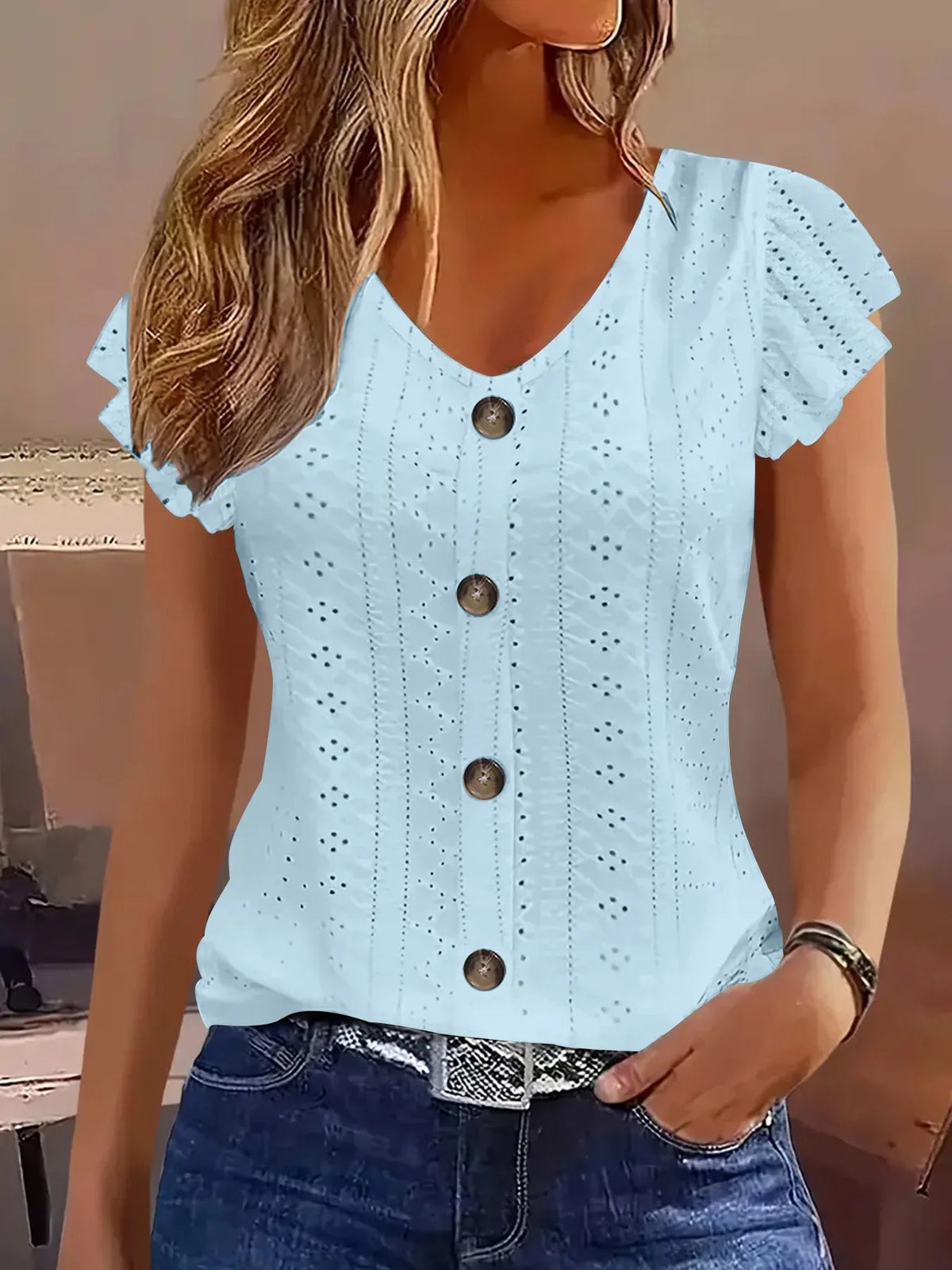2025 Spring/Summer new women's fashion stylish commute casual solid color multi-color ruffle sleeve V-neck T-shirt Quick Pick Grocers