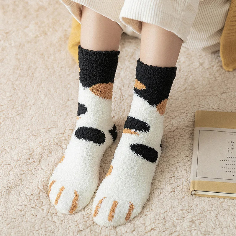 Women Winter Warm Fluffy Socks Cute Animal Claw Cat Paw Footprint Fuzzy Socks Female Thick Coral Fleece Home Floor Sleep Socks Purest Peak