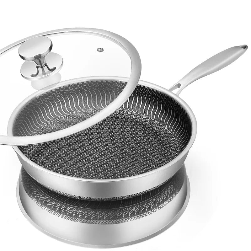 LMETJMA Stainless Steel Frying Pan Nonstick Honeycomb Fry Pan With Lid Induction Ceramic Electric Gas Cooktops Compatible KC0480 Quick Pick Grocers
