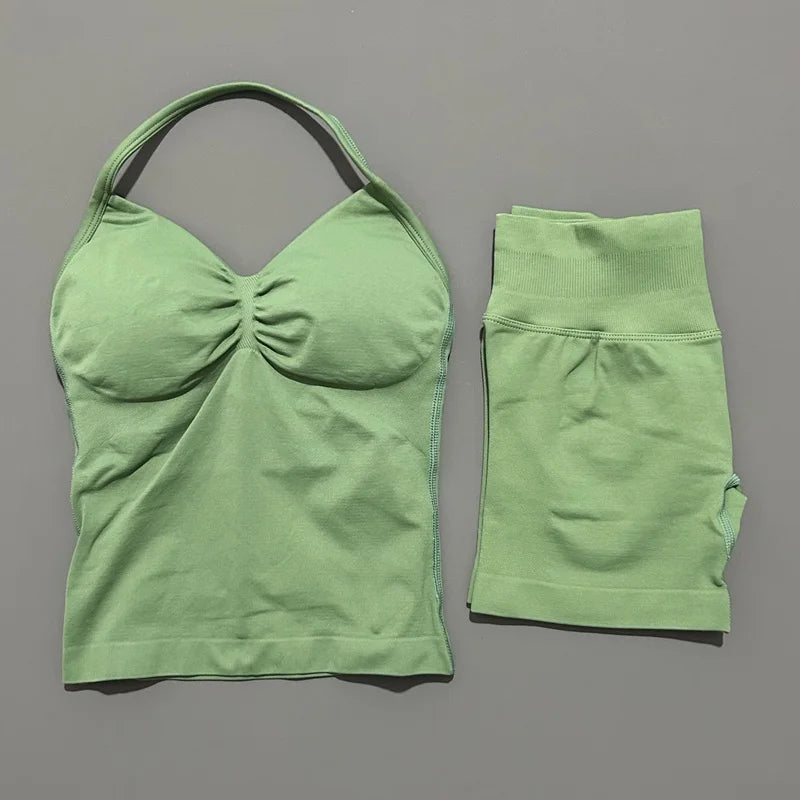 HISTELLO 2 Pieces Sports Set Women Yoga Longline Strap Top Scrunch Seamless Shorts Sport Gym Set Sportswear Workout Fitness Set Quick Pick Grocers