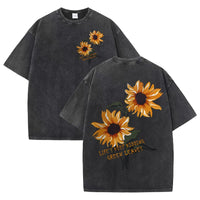 Lift Is Good Beautiful Sunflower Print Washed T Shirts Women Soft Cotton T-Shirt Street Creative Short Sleeve Summer Casual Tops Quick Pick Grocers