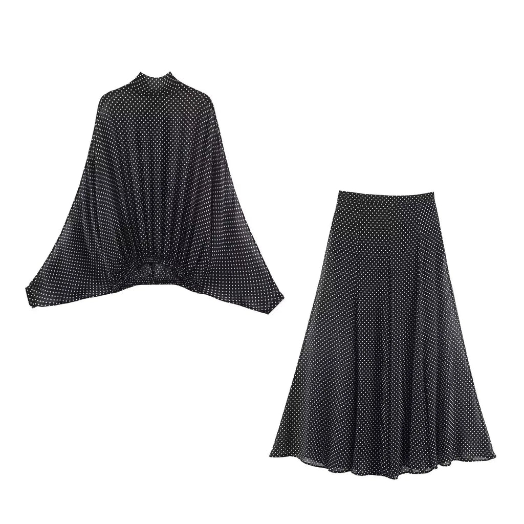 Polka Dot Printed Midi Skirts Two Piece Sets for Women 2025 Summer Chic Bow Tied Blouse Top Suits Woman 2 Piece Outfits Quick Pick Grocers