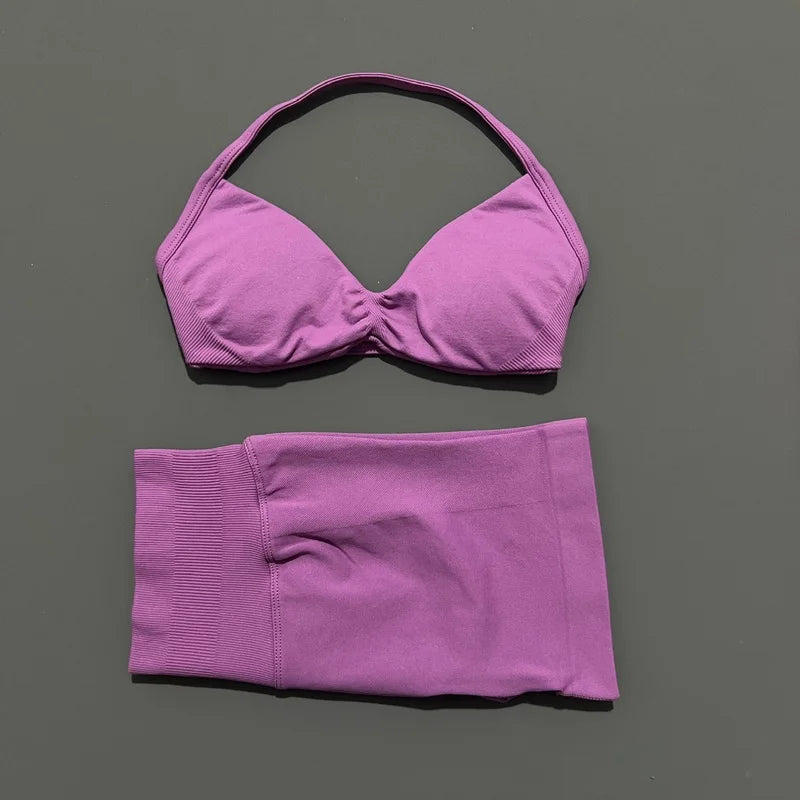 HISTELLO Gym Set 2 Piece Women Strappy Yoga Bra Top Workout Scrunch Shorts Sports Suit Fitness Clothes Seamless Yoga Set Quick Pick Grocers
