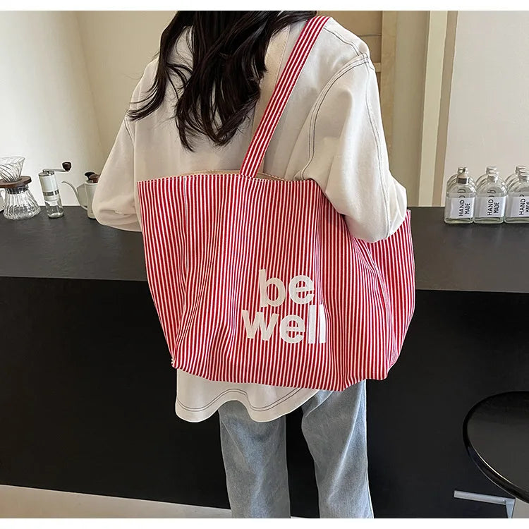 Casual Large Stripe Women's Shoulder Bag 2025 New Fashion Commuter Tote Bag High Capaci Canvas Handbag for Youth bolso mujer Quick Pick Grocers