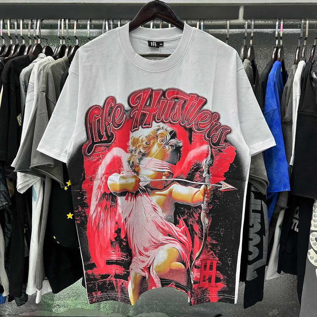 Praying Angel Shinning Diamond Cotton Short Sleeve Tshirts for Men and Women Crew Neck Loose Summer T-shirt Oversized Tees Quick Pick Grocers