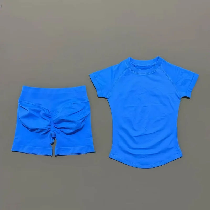 2 Pcs HISTELLO Sports Gym Sets Short Sleeve Seamless Yoga Clothing Fitness Set Women Workout Running Sports Short Leggings Suit Quick Pick Grocers