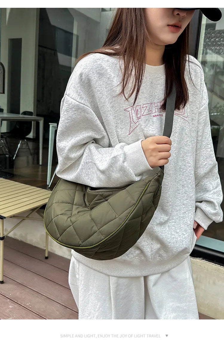 Waist Half Moon Belt Bag Solid Color Crossbody Bag Large Capacity Shoulder Bags Portable Nylon Plaid Travel Bags for Commuting Quick Pick Grocers