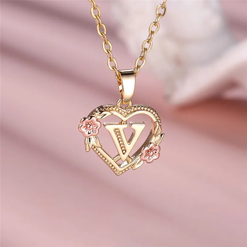 Female A-Z Letter Flower Pendant Necklace Yellow Gold Color Wedding Jewelry Gift For Women Quick Pick Grocers