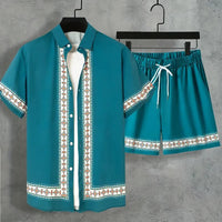 2024 New Men's Summer Holiday Suit Retro Textured Printed Border Shirt Short Sleeve Shorts Two Piece Men's Breathable Pool Suit Quick Pick Grocers