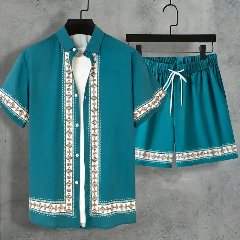 2024 New Men's Summer Holiday Suit Retro Textured Printed Border Shirt Short Sleeve Shorts Two Piece Men's Breathable Pool Suit Quick Pick Grocers