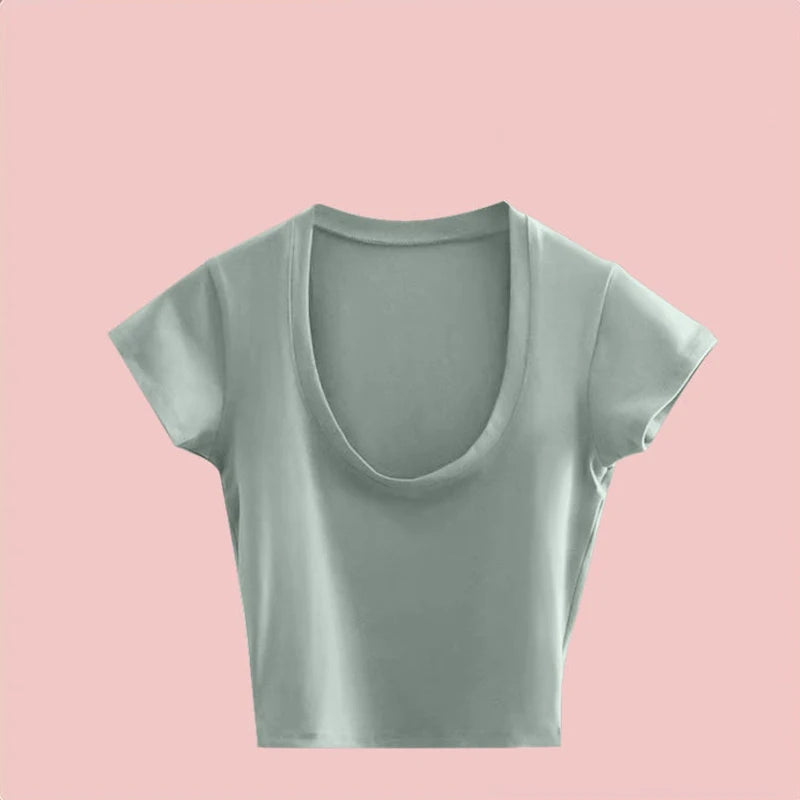 Summer Slim T-Shirt Women Sexy Short Sleeve T Shirt U-Neck Gray Tee Female Solid Basic Black/White Korean Crop Tops Hot Y2k Quick Pick Grocers