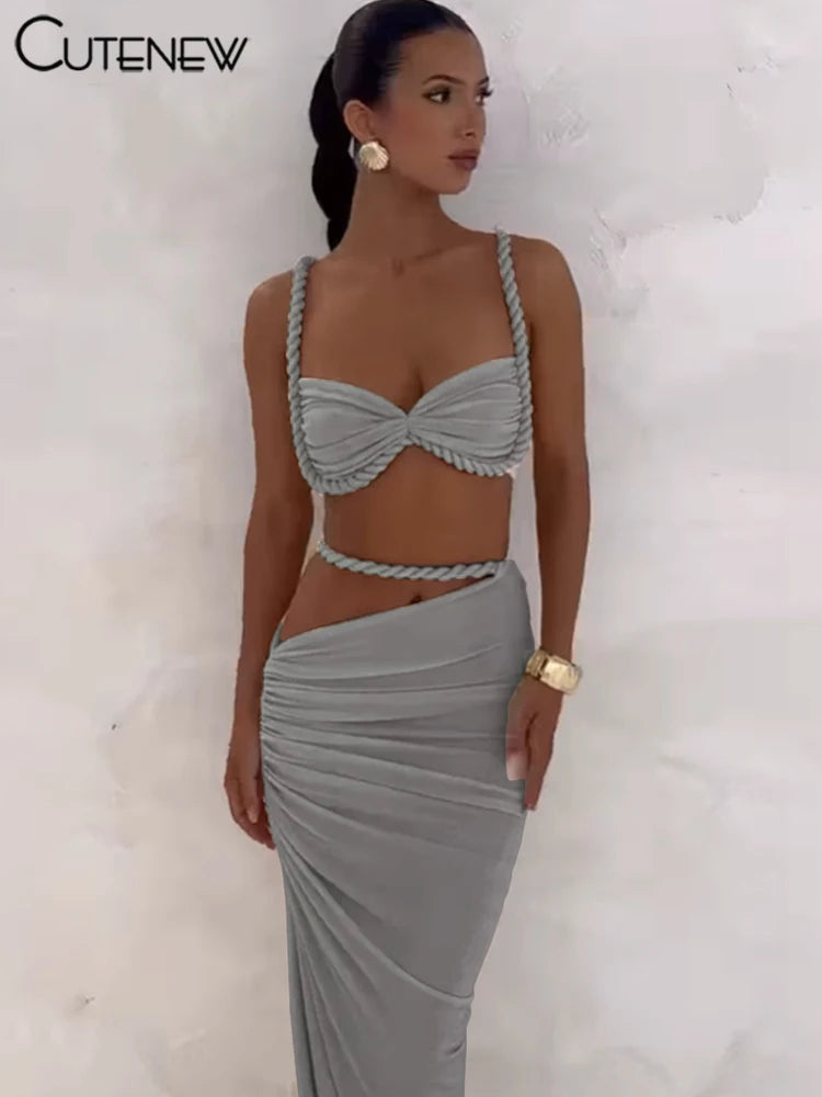 Cutenew Woven Matching Women 2 Piece Sexy Vacation Outfits Pleated Crop Camis+Shirring High Waist Maxi Skirts Solid Mujer Sets Quick Pick Grocers