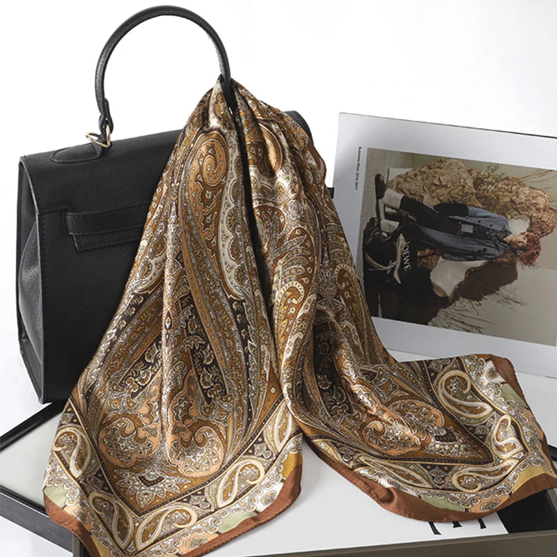Bohemian Style Print Luxury Brand Silk Square Scarf Women Satin Shawls Neckerchief Wrap Scarves Bandana Hair Hjiab Floral Quick Pick Grocers