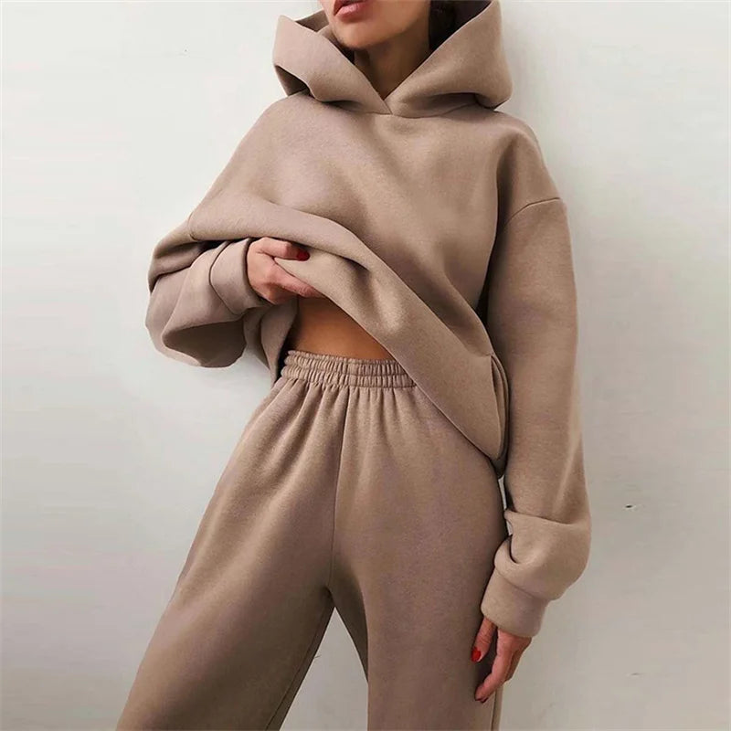 Women's Tracksuit Suit Autumn Fashion Warm Hoodie Sweatshirts Two Pieces Oversized Solid Casual Hoody Pullovers Long Pant Sets Quick Pick Grocers