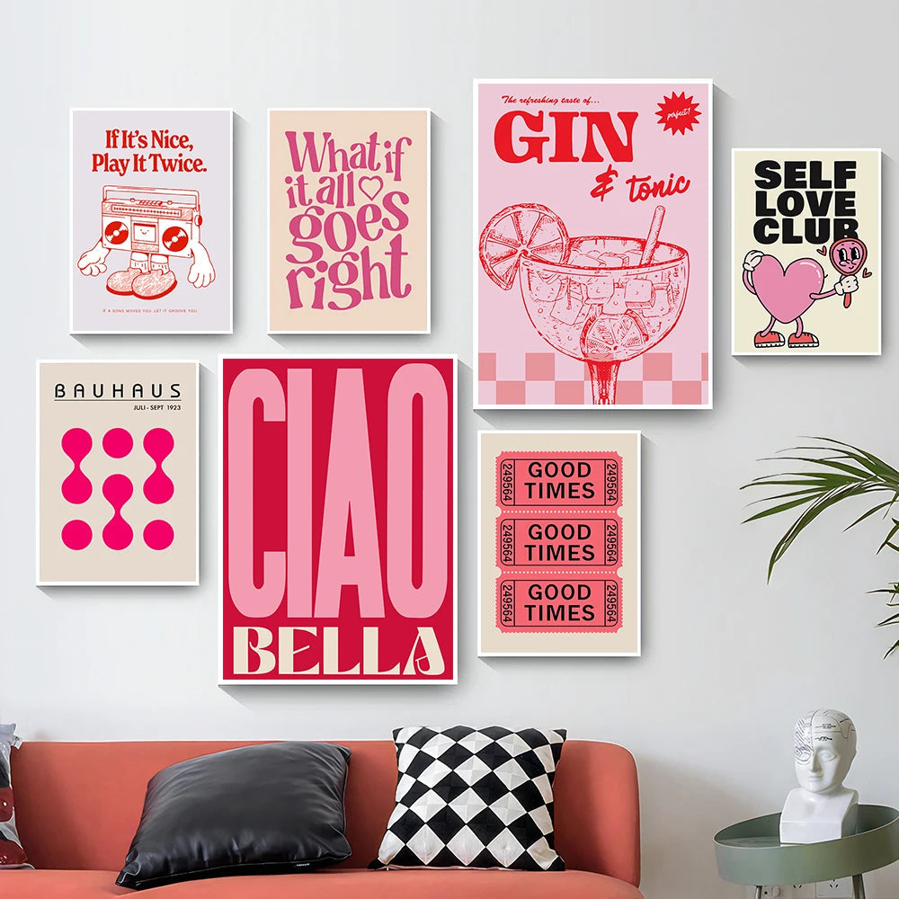 Simplicity Vintage Pink Cartoon Print Canvas Posters Wall Art Poster Home Decor Canvas Print Painting  Living Room Bedroom Decor Quick Pick Grocers