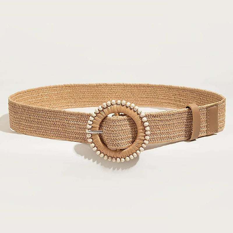 1pc Women Round Buckle Boho Straw Belt For Beach Ellipse Buckle Bead Decor Bohemian Woven Belt For Holiday Quick Pick Grocers