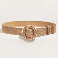 1pc Women Round Buckle Boho Straw Belt For Beach Ellipse Buckle Bead Decor Bohemian Woven Belt For Holiday Quick Pick Grocers