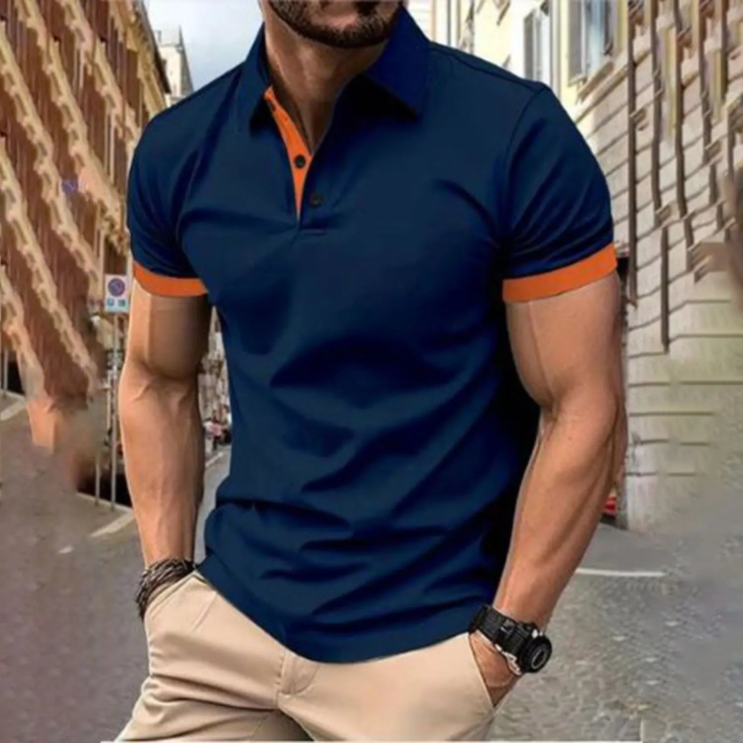 Men's short sleeve color matching fashion with men's lapel short sleeve Quick Pick Grocers