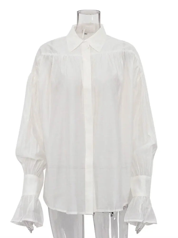 Tossy Casual Loose See-Through Shirts Women's Autumn Lapel Long Sleeve Patchwork Blouse Top Streetwear Female Solid Shirts Top Quick Pick Grocers