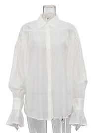 Tossy Casual Loose See-Through Shirts Women's Autumn Lapel Long Sleeve Patchwork Blouse Top Streetwear Female Solid Shirts Top Quick Pick Grocers