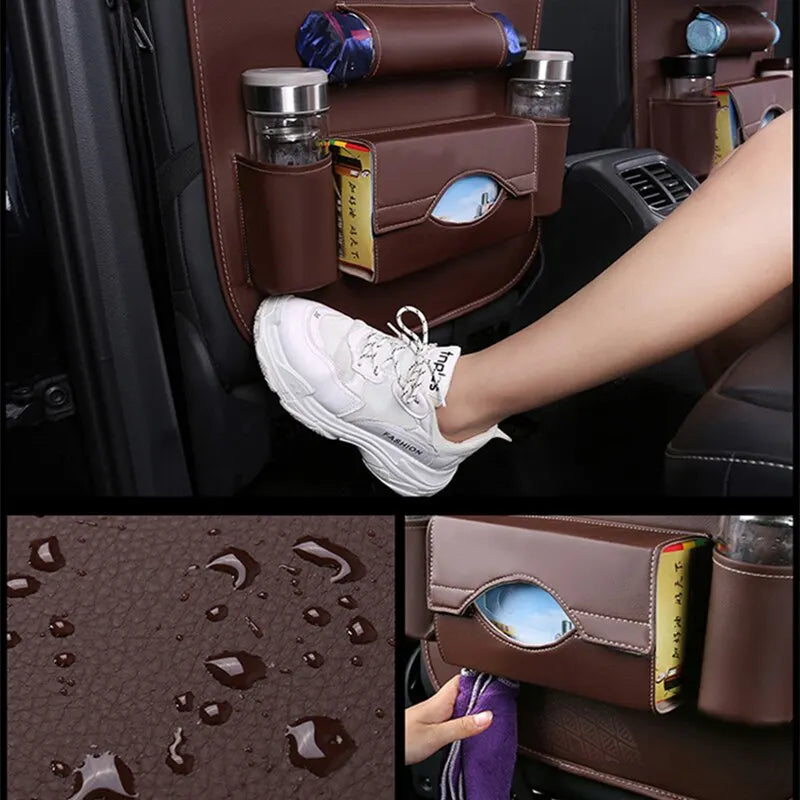 Car Seat Back Organizer with Foldable Table Tray PU Leather Storage Organizer with Pockets Kick Mats Seat Interior Accessories Econic Blanks