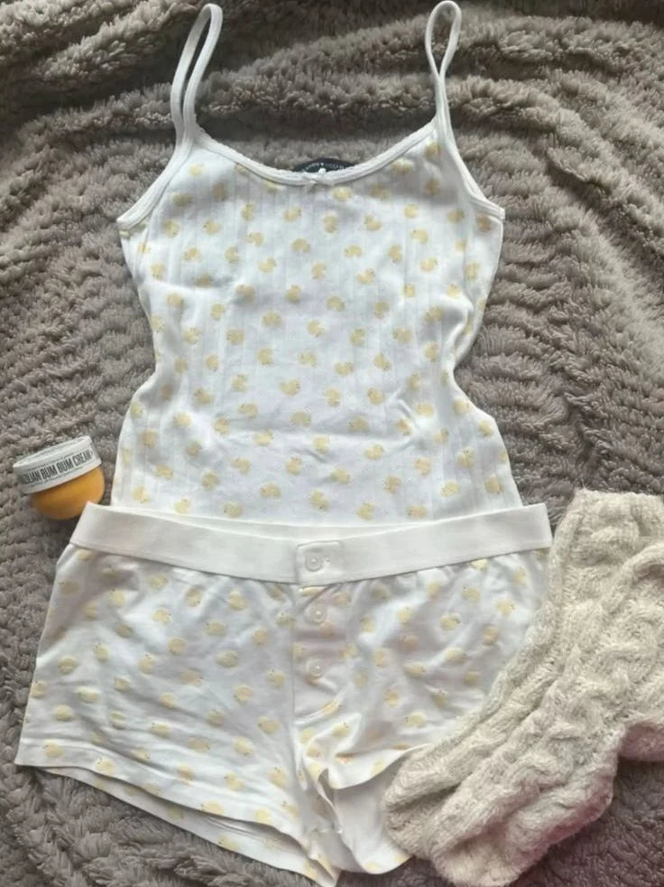 Strawberry Vest Shorts 2 Pieces Set Woman Eyelet Bow Slim Tank Top with Elastic Waist Patchwork Straight Short Pant Sweet Sets Quick Pick Grocers