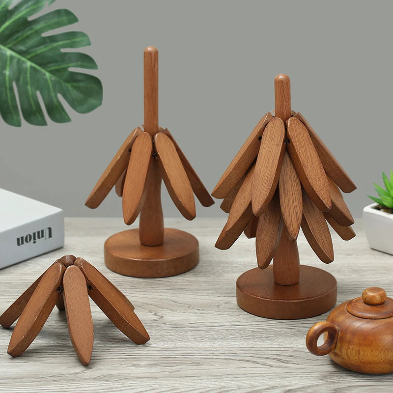 4PCS Tree Design Stand Bamboo Wooden Trivets Decorative Anti Scald Heat Resistant Table Mat Coaster Wood Placemats Pot Quick Pick Grocers