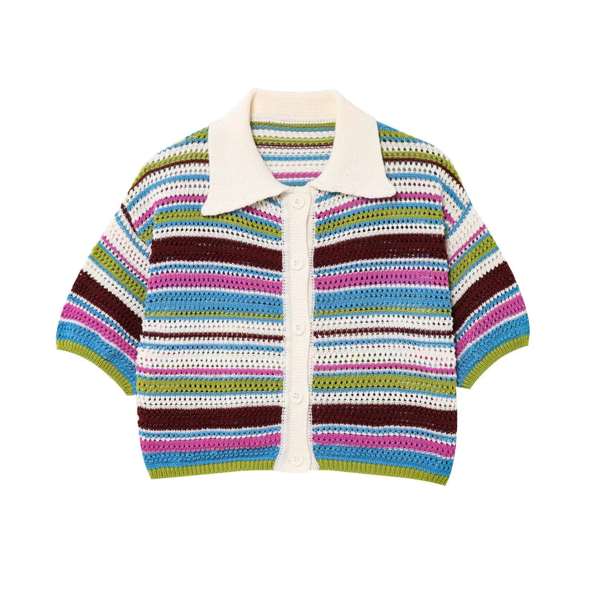 Women Patchwork Striped Hollow Out Crochet Knitted Crop Sweater Shorts Set Short Sleeve Polo Collar Sweater Knit Shorts Suit Y2K Quick Pick Grocers