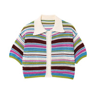 Women Patchwork Striped Hollow Out Crochet Knitted Crop Sweater Shorts Set Short Sleeve Polo Collar Sweater Knit Shorts Suit Y2K Quick Pick Grocers