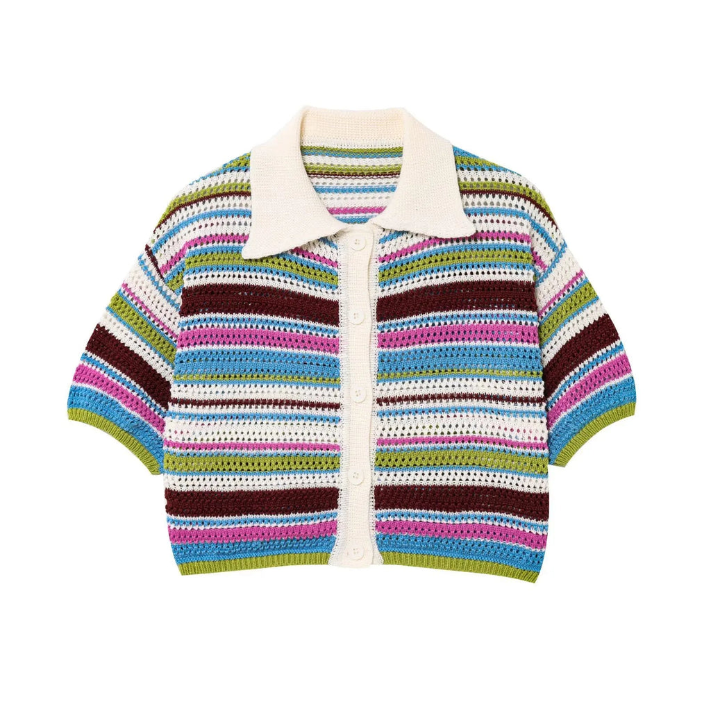 Women Patchwork Striped Hollow Out Crochet Knitted Crop Sweater Shorts Set Short Sleeve Polo Collar Sweater Knit Shorts Suit Y2K Quick Pick Grocers