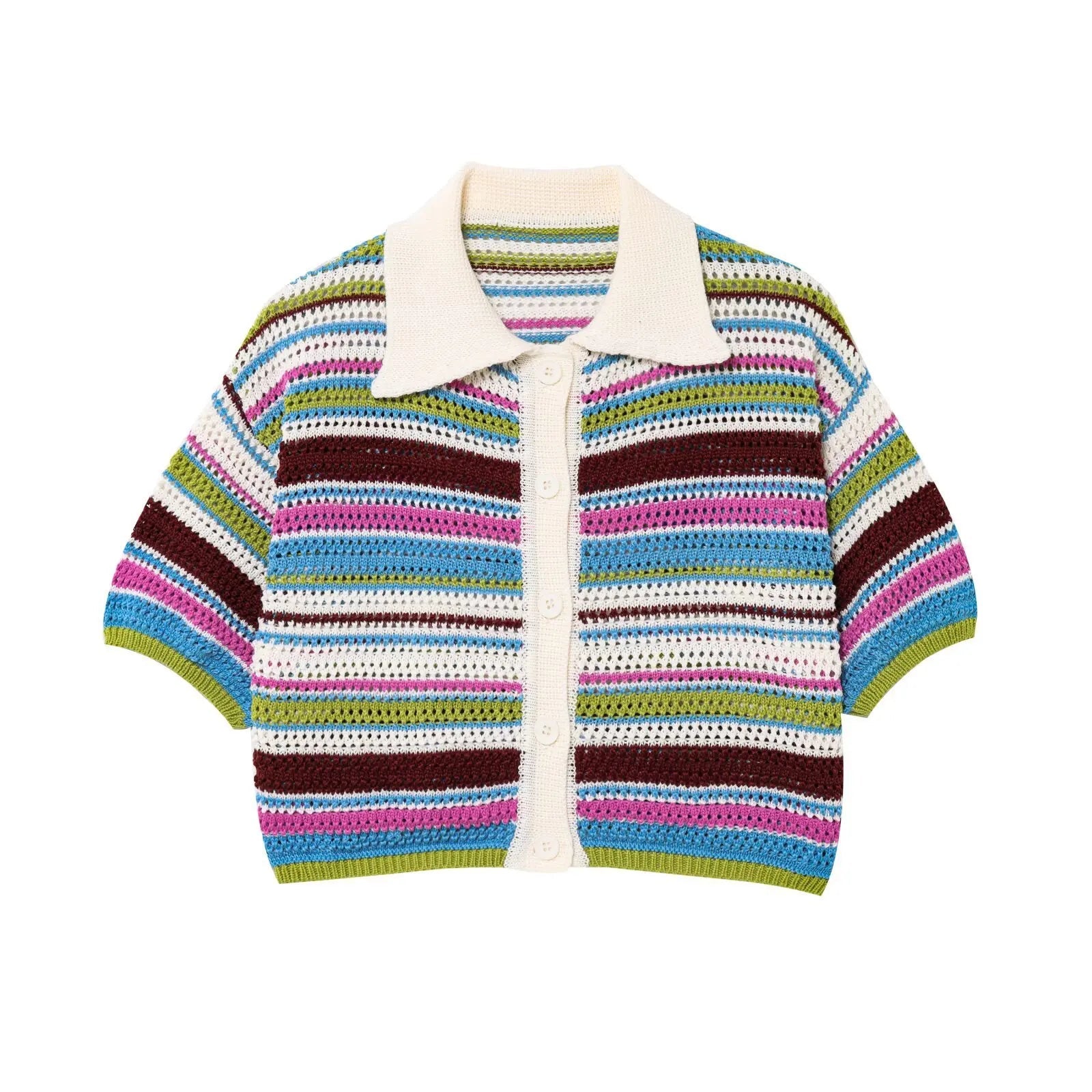 Women Patchwork Striped Hollow Out Crochet Knitted Crop Sweater Shorts Set Short Sleeve Polo Collar Sweater Knit Shorts Suit Y2K Quick Pick Grocers