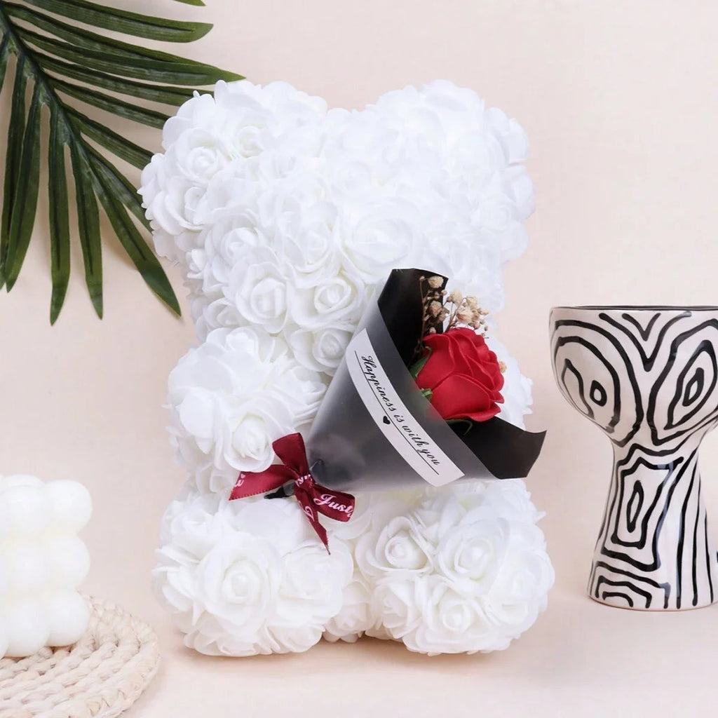 Foam rose teddy bear carry bouquet. Ideal for weddings, Mother's Day, thank you to nurses/teachers or other celebrations! Quick Pick Grocers