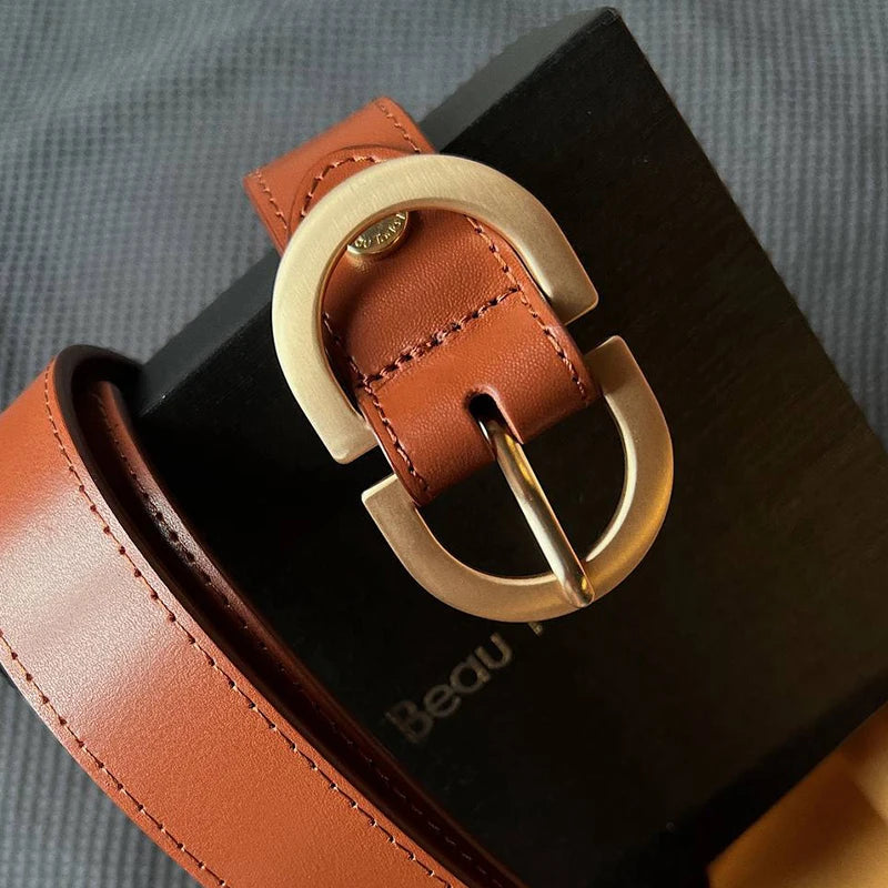 BEAUTODAY Belt Women Genuine Cow Leather Metal Oval Buckle Retro Simple Solid Ladies Jeans Dress Waistband Handmade 91012 Quick Pick Grocers