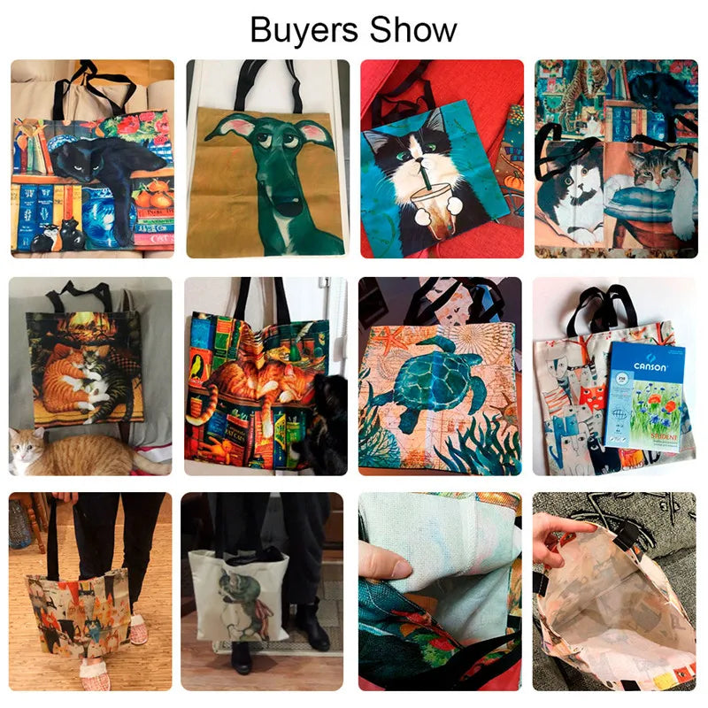 Floral Cat Pattern Tote Bag, Aesthetic Canvas School Shoulder Bag, Lightweight Grocery Shopping Bag Quick Pick Grocers