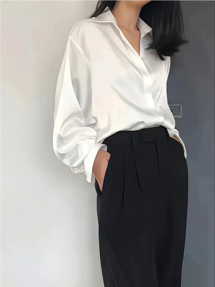 Plus Size Casual Women Silk Shirt 2025 New Fashion Loose Long Sleeve Button-Down Blouse Female Elegant Top Office Acetate Shirts Quick Pick Grocers
