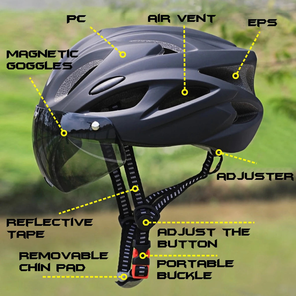 PJT Ultra-Light Magnetic Goggles Bicycle Helmet Lightweight PC Shell & EPS Foam Construction Cycling Helmet MTB Bike Helmet Quick Pick Grocers