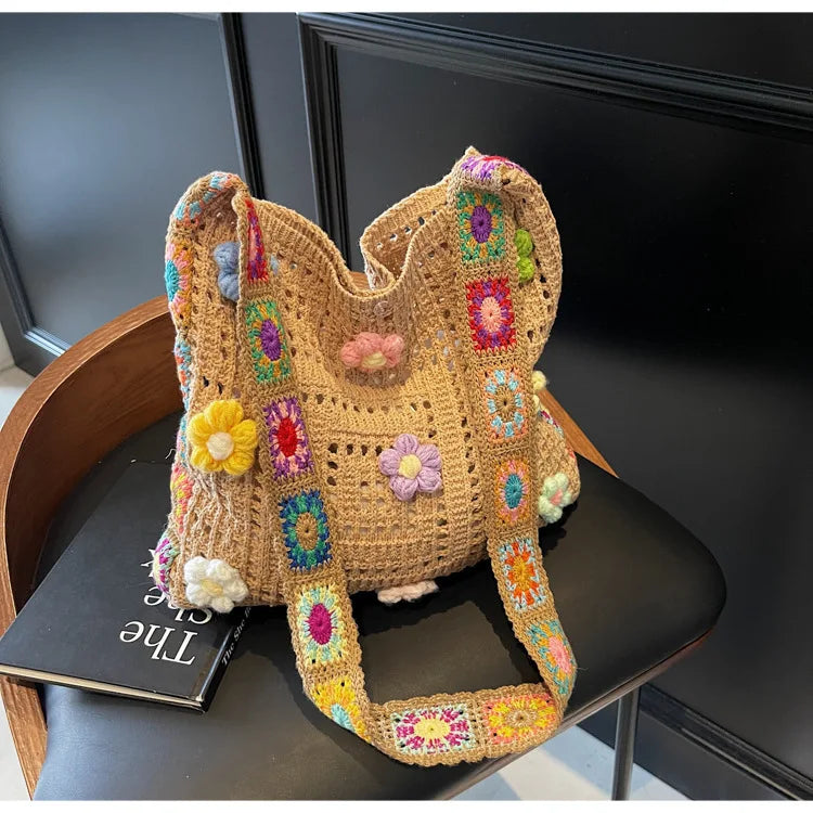 Women's Boho Crochet Bag Designer Flowers Knitted Handbags Large Capacity Summer Beach Woven Shoulder Bag Girls Tote Shopper Bag Quick Pick Grocers