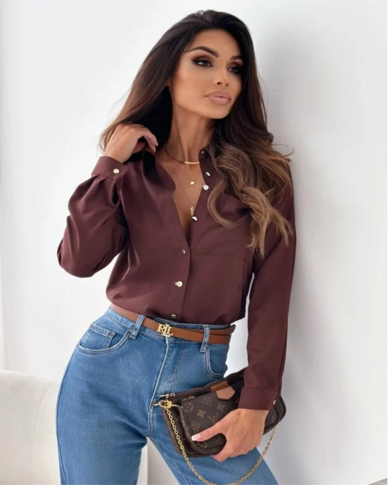 Women Elegant Solid Chiffon Blouse Spring Summer Casual Long Sleeve V Neck Loose Shirt Office Lady Tunics Oversized Tops 2024 Quick Pick Grocers