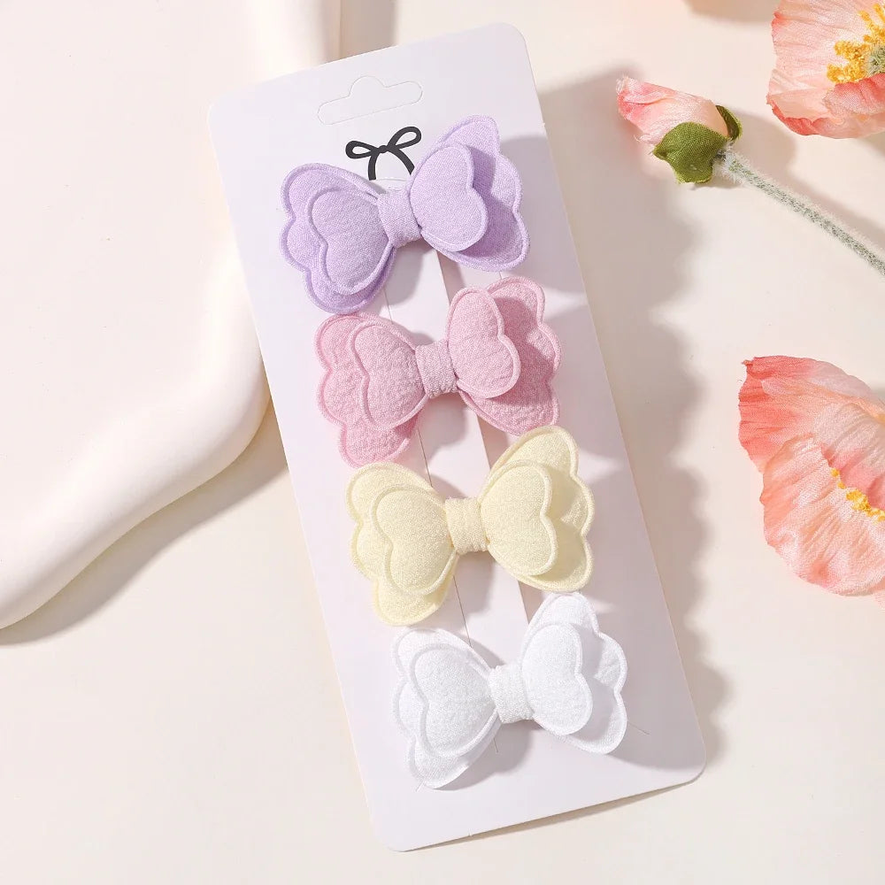 4Pcs/set Candy Colored Hair Clip Set for Girls Double Layered Bow Cute Bangs Hair Pin Cotton Safe Children's Hair Accessories Purest Peak