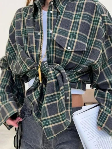 New Vintage Women Oversized Long Sleeve Plaid Shirt Blouse Tops Autumn Winter Button Down Loose Lapel Pocket Shirt Korean Style Quick Pick Grocers