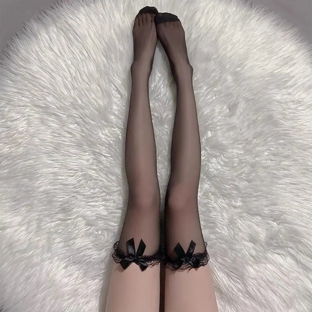 Black White Overknee Long Socks Women Sweet Girls Lolita Bowknot Thigh High Fishnet Stockings Gothic Punk Lace Mesh Legging Quick Pick Grocers