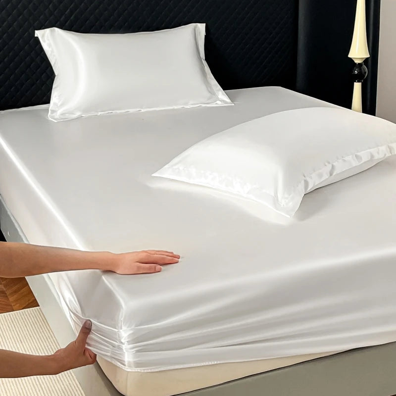 Satin Elastic Fitted Sheet Solid Mattress Cover 360 Band Bed Sheet for Single Double Couple King Queen Full Twin Bedsheet Quick Pick Grocers
