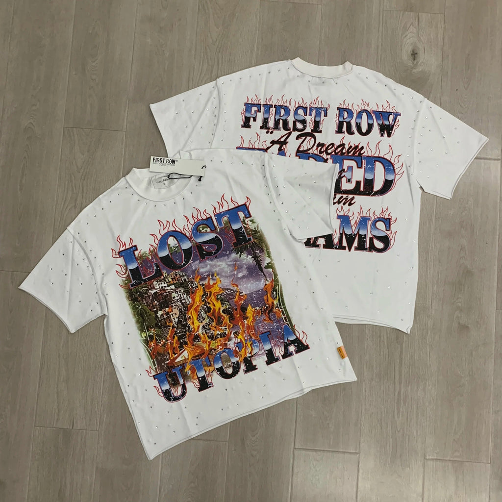 Streetwear Vintage Washed Diamond Cropped Tee for Men Crew Neck Short Sleeve Loose Cotton Rhineston Tshirts Oversized Quick Pick Grocers