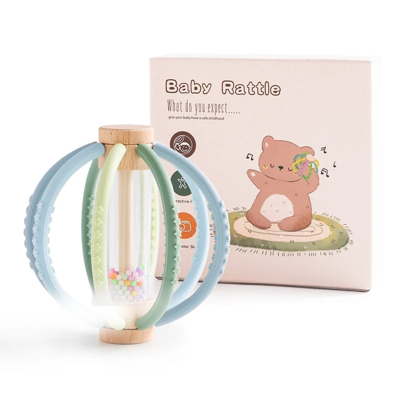 Baby Rattle Toy Wooden Rain Drum With Silicone Baby Sensory Touch Toy Newborn Dental Care Gum Anti-eating Hand Molar Stick Gif Purest Peak